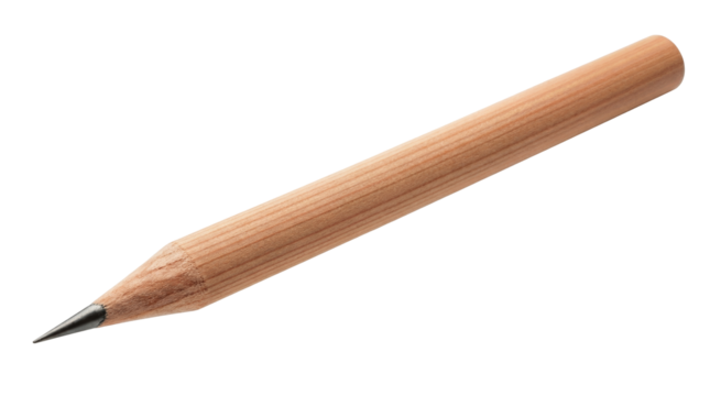 Short unpainted wooden pencil isolated PNG on transparent background, simple graphite writing tool for sketching and drawing