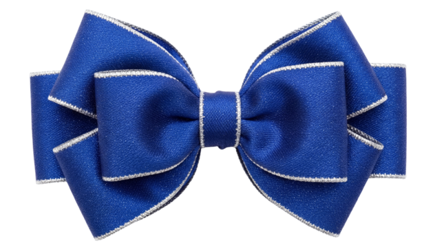 Elegant royal blue bow tie isolated PNG, formal wear accessory with silver trim on transparent background for fashion and design projects