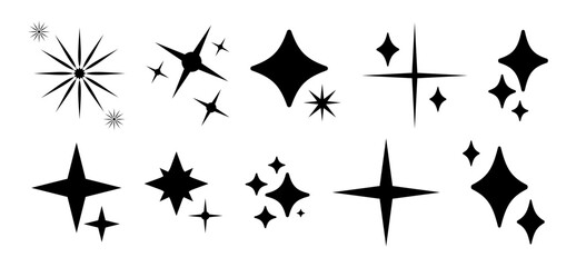Stars icon trendy collection. Different minimalist star retro shape symbols. Black flat shine blink twinkle, sunburst stars set. Shining glow. Magic light flare, bright flash, sparkle star patterns.