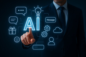 Naklejka premium Business professional pressing glowing AI letters with futuristic technology icons representing data automation communication and innovation