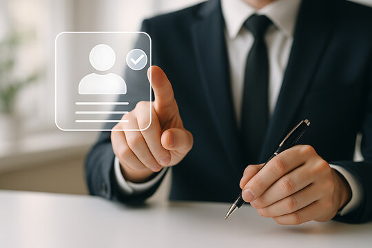 Business executive selecting verified candidate profile on futuristic recruitment interface focusing on employee approval and digital verification concept - Powered by Adobe