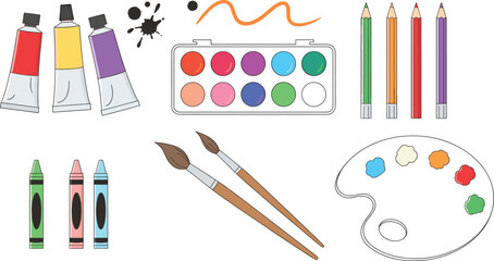 Art and Painting Supplies Vector Collection Featuring Watercolors Palette, Paint Tubes, Brushes, Colored Pencils, Crayons, and Artist Palette for Creative Design