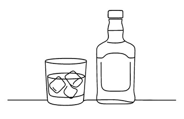 Whiskey Bottle and Glass Line Art Illustration