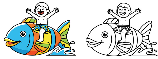 Cute cartoon boy riding a giant colorful fish in the water Vector illustration set containing colored version