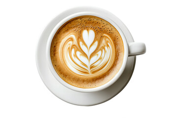 Top View of Latte Art Coffee in a White Cup and Saucer on a Black Background