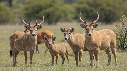 Obraz premium A group of rare Eld's deer grazing peacefully in their natural grassy habitat with green trees in