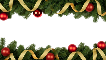 Christmas garland with red ornaments and gold ribbon isolated on transparent background