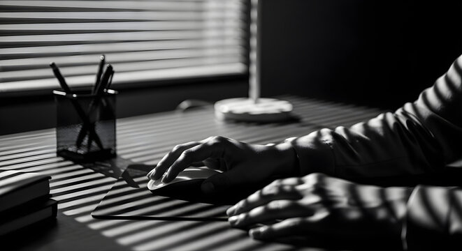 Hands at Keyboard With Dramatic Window Shadows. Hands typing on a keyboard are illuminated by dramatic window shadows creating an intense atmosphere. - Powered by Adobe