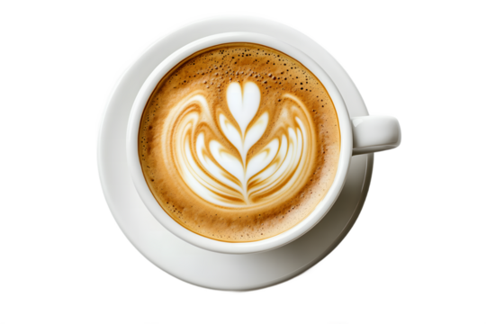 Top View of Latte Art Coffee in a White Cup and Saucer on a Black Background