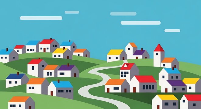 Colorful Houses on Rolling Hills with Winding Road Under Blue Sky. - Powered by Adobe