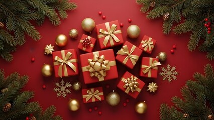 Christmas Composition with Red Gift Boxes, Golden Ornaments, Pine Branches, and Snowflakes on Red Background