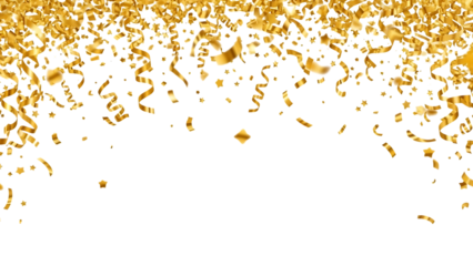 Golden confetti and streamers falling festive celebration isolated on transparent background