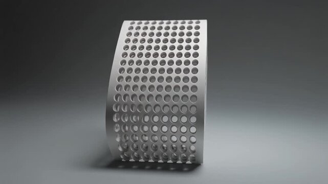 Engineered Cellwave metallic lattice, a close-up view of a microarray device with a perforated surface on a gray background