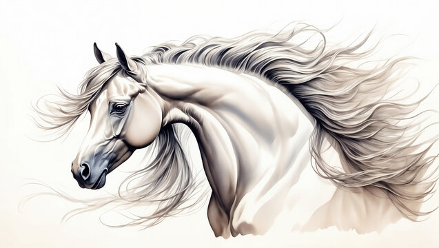 Black and white drawing of a graceful white horse on a light background