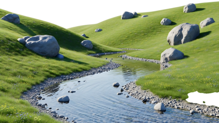 Stream flowing through green hills with large boulders isolated on transparent background