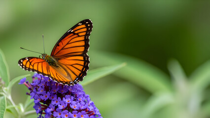 Obraz premium Viceroy butterfly resting on purple butterfly bush flower in summer garden