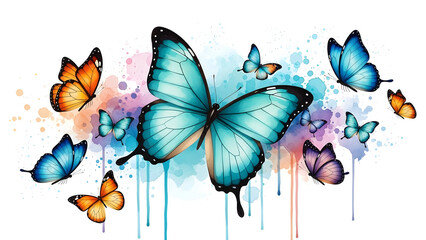 Watercolor butterflies flying with colorful splashes on a white background