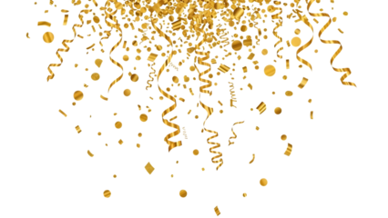 Golden confetti and streamers falling isolated on transparent background