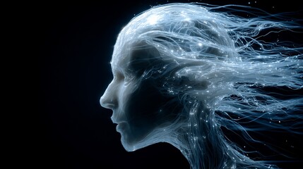 Ethereal profile of human face with flowing, glowing, electric energy