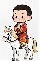 Chibi New Year mascot or God of Wealth holding a big gold ingot, riding a pony, isolated on a clean white background.