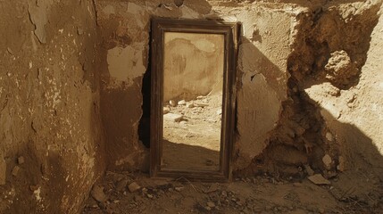 Ancient doorway in ruins of a building in desert landscape.