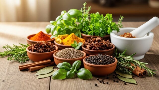 Aromatic herbs and spices arranged in bowls with mortar and pestle on rustic wood table enhances