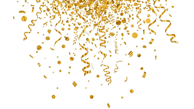 Golden confetti and streamers falling isolated on transparent background
