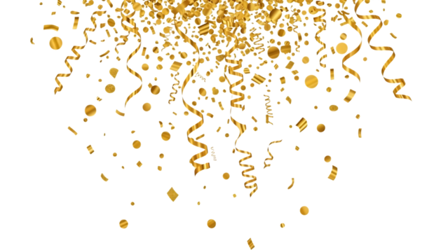 Golden confetti and streamers falling isolated on transparent background - Powered by Adobe