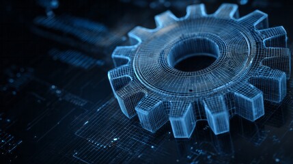 Futuristic 3D wireframe gear illuminates digital circuit board background.