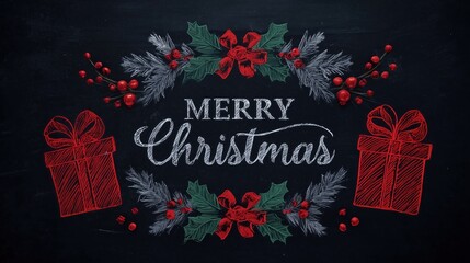 Chalkboard Christmas Greeting with Holly, Berries, and Gift Boxes