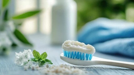 Video A toothbrush with toothpaste on a table, great for dental hygiene and everyday use - Powered by Adobe