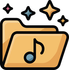 Music folder vector icon with a musical note symbol and sparkling stars representing audio files or playlist