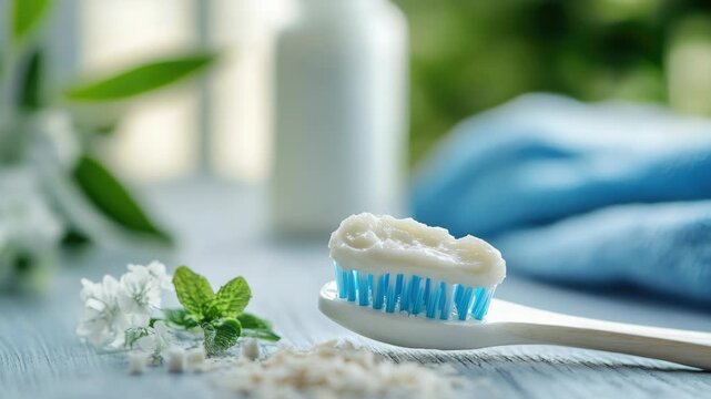 Video A toothbrush with toothpaste on a table, great for dental hygiene and everyday use
