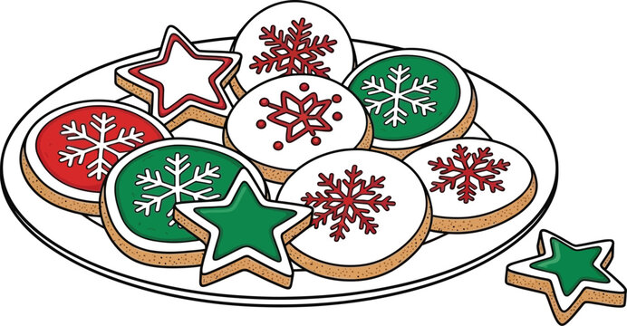 Festive christmas cookies decorated with snowflakes and stars on a white plate - Powered by Adobe