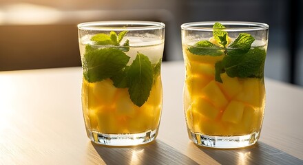 Fototapeta premium Two refreshing glasses of mango and mint infused water on a table.