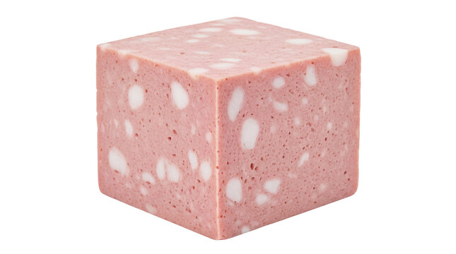 Mortadella cube isolated PNG on transparent background, Italian pork sausage with fat cubes for food design and culinary projects