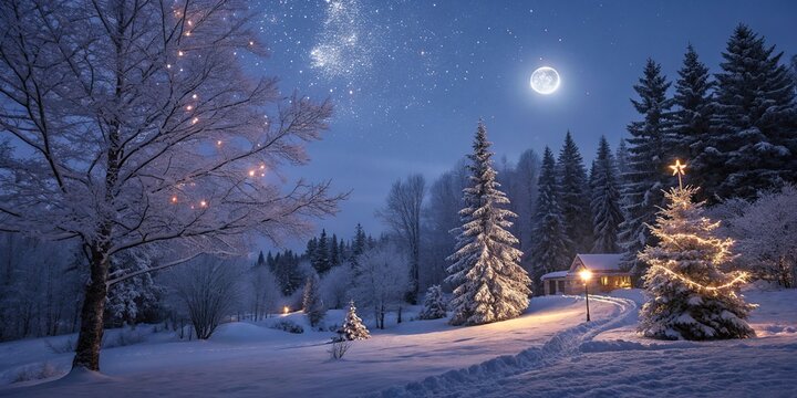 Snowy winter forest at night with Christmas tree lights and cozy cabin under moonlight. - Powered by Adobe