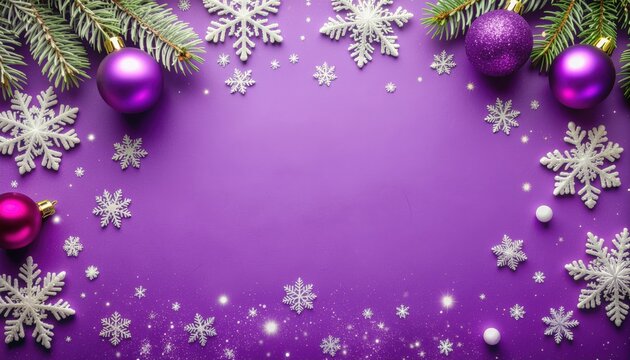 Festive winter celebration decorations holiday season digital image vibrant purple background top view christmas theme with ornaments and snowflakes - Powered by Adobe