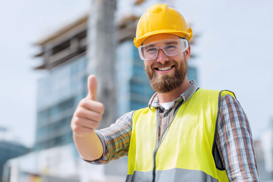 Smiling engineer wearing safety vest and helmet giving thumbs up at construction site, positive professional portrait