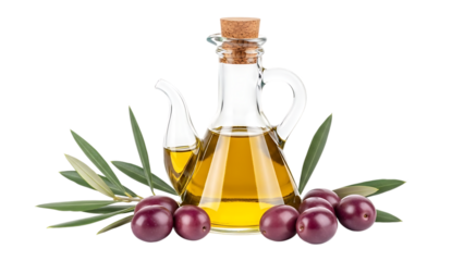 Glass bottle of olive oil with olives and leaves isolated on transparent background
