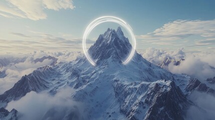 Majestic Mountain Peak with Glowing Halo in Dreamy Landscape.