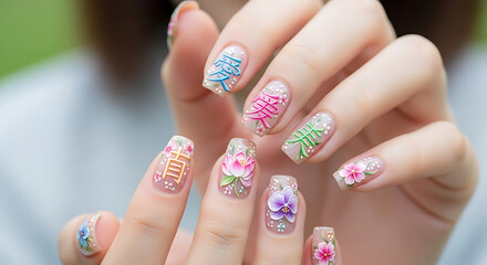 Floral Nail Art Design with Festive Characters and Glitter Accents for a Stylish Look