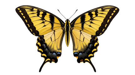 Eastern tiger swallowtail butterfly PNG isolated on transparent background, yellow and black insect with wings spread for design elements