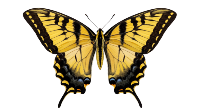Eastern tiger swallowtail butterfly PNG isolated on transparent background, yellow and black insect with wings spread for design elements