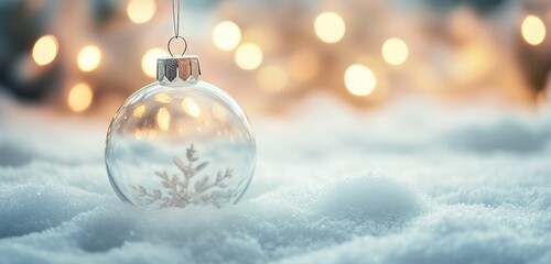 A Christmas Ornament with Snowflake Inside and Snowy Background with Bokeh Lights