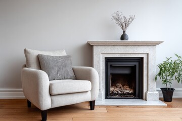 Comfortable armchair sits by a modern fireplace with decorative elements.