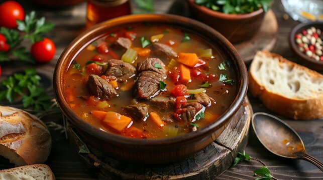 Close up of a rustic bowl of beef stew with carrots tomatoes and parsley on a wooden surface