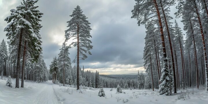 Peaceful winter mountain landscape with snow covered pine trees at sunrise. Frosty forest scene with soft morning light and cold blue tones. . - Powered by Adobe