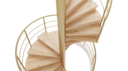 Wooden spiral staircase with golden railing isolated PNG, modern architectural design element for interior decoration and construction projects