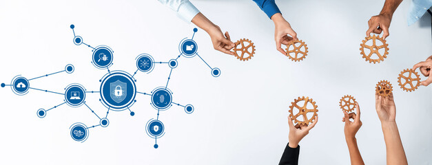 A dynamic representation of collaboration in cybersecurity, showcasing diverse hands holding gears, symbolizing teamwork and innovative solutions in a connected digital space. Amity